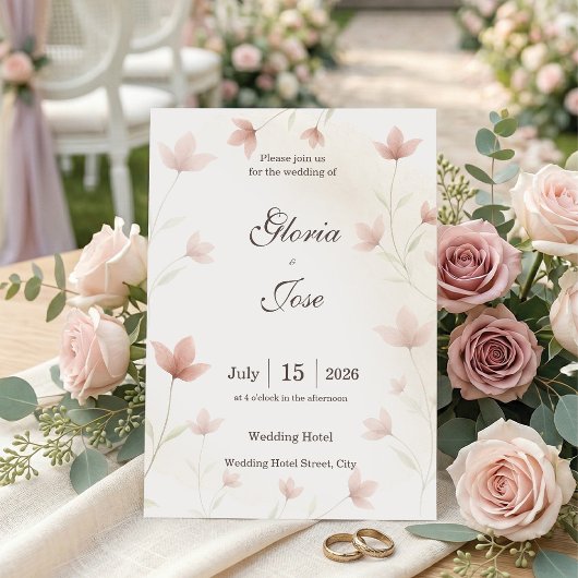 Minimalist Blush Pink Floral Elegant Wedding 招待状