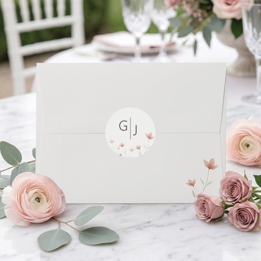 Minimalist Blush Pink Floral Monogram Wedding ラウンドシール
