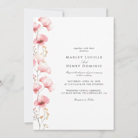 Minimalist Blush Pink Floral Spring Wedding 招待状 (正面)