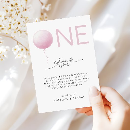 Minimalist Blush Pink Girls 1st Birthday サンキューカード