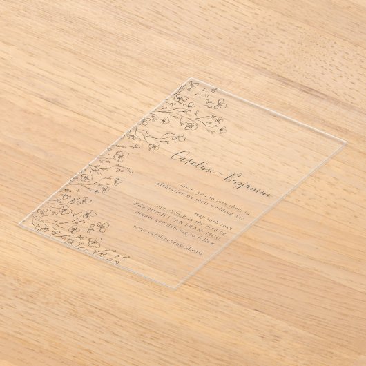 Minimalist Boho Black White Floral Art Wedding アクリル招待状 (レイダウン)