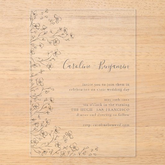 Minimalist Boho Black White Floral Art Wedding アクリル招待状 (正面)