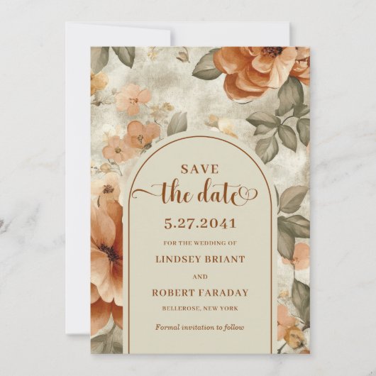 Minimalist Boho Burnt Orange Sage Save The Date 招待状 (正面)