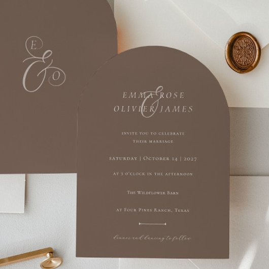 Minimalist Boho Cocoa Brown Ivory Script Wedding 招待状