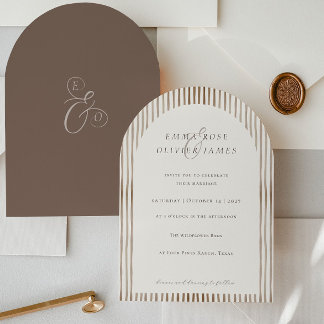 Minimalist Boho Cocoa Brown Stripes Ivory Wedding 招待状