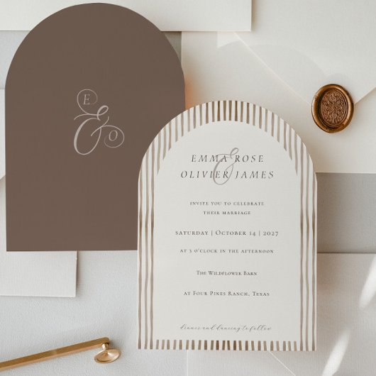 Minimalist Boho Cocoa Brown Stripes Ivory Wedding 招待状