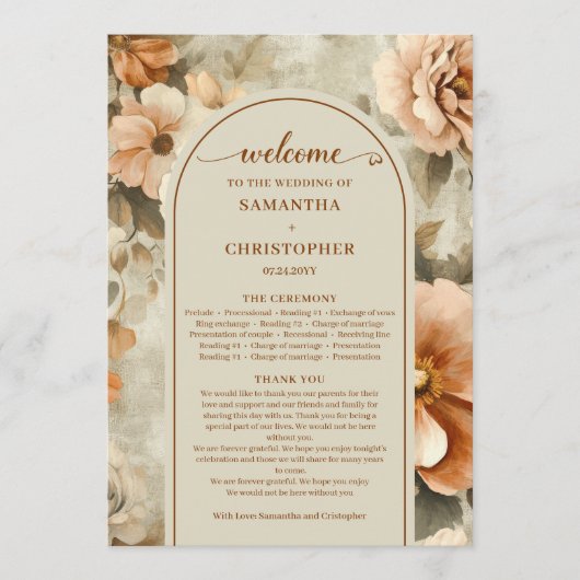 Minimalist Boho Copper Ivory Sage Floral Wedding  プログラム (正面)