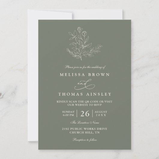 Minimalist Boho Floral Sage Modern QR Code Wedding 招待状 (正面)