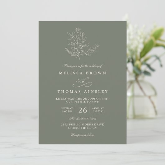 Minimalist Boho Floral Sage Modern QR Code Wedding 招待状 (スタンド正面)