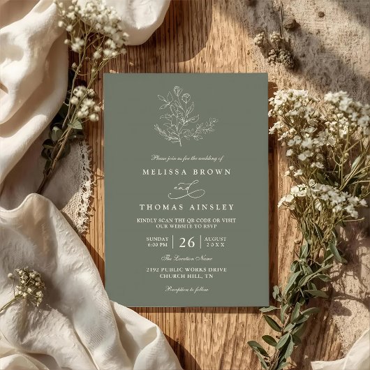 Minimalist Boho Floral Sage Modern QR Code Wedding 招待状