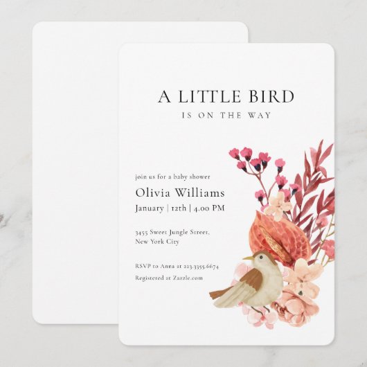 Minimalist Boho Flower Tiny Bird Baby Shower   招待状 (正面/裏面)