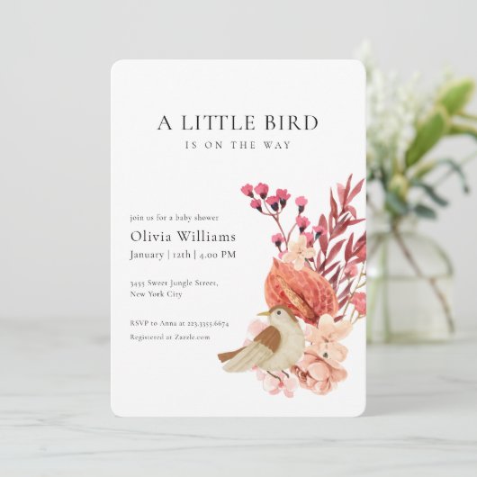 Minimalist Boho Flower Tiny Bird Baby Shower   招待状 (スタンド正面)