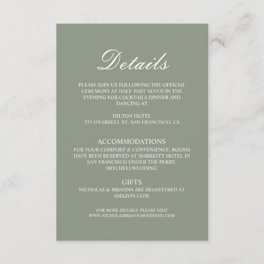 Minimalist Boho Green Elegant Wedding Details エンクロージャーカード (正面)