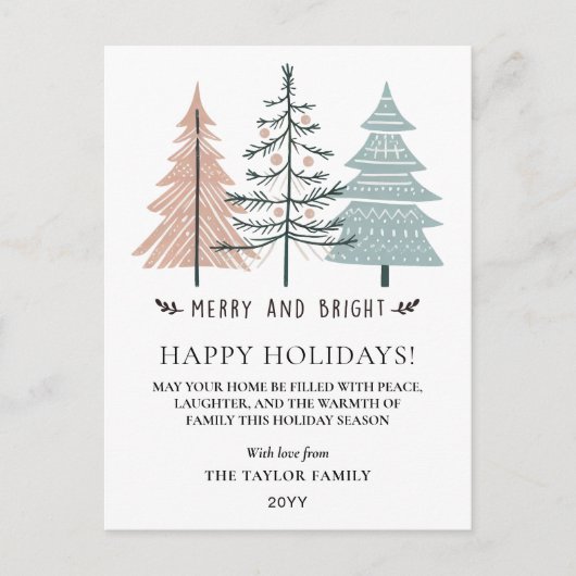 Minimalist Boho Merry and Bright Christmas Trees シーズンポストカード (正面)