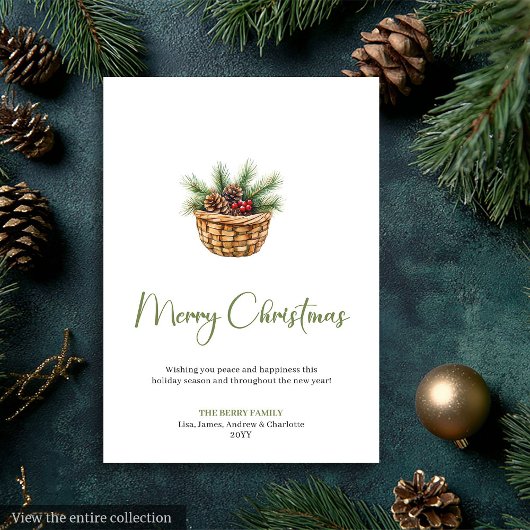 Minimalist Boho Neutral Pine Wreath Holiday Card シーズンカード