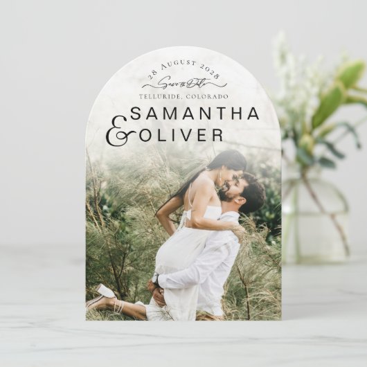 Minimalist Boho Photo Save the Date 招待状 (スタンド正面)