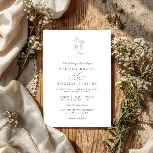 Minimalist Boho Sage Floral Modern QR Code Wedding 招待状