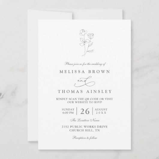 Minimalist Boho Sage Floral Modern QR Code Wedding 招待状 (正面)