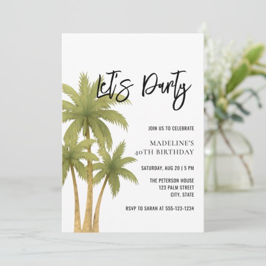 Minimalist Boho Tropical Summer Adult Birthday 招待状 (スタンド正面)