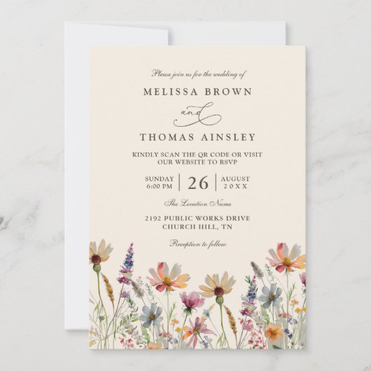 Minimalist Boho Wildflower Floral QR Code Wedding 招待状 (正面)