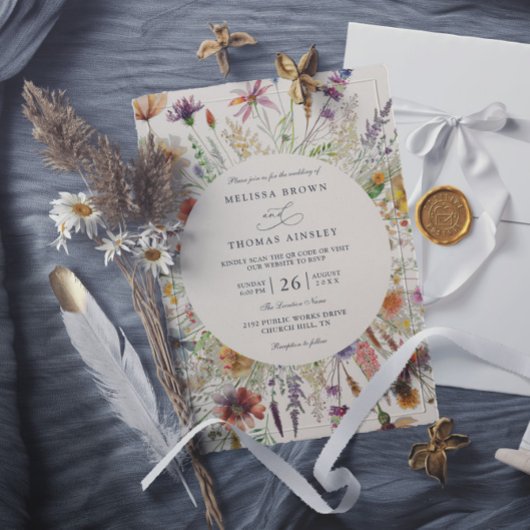 Minimalist Boho Wildflower Floral QR Code Wedding 招待状