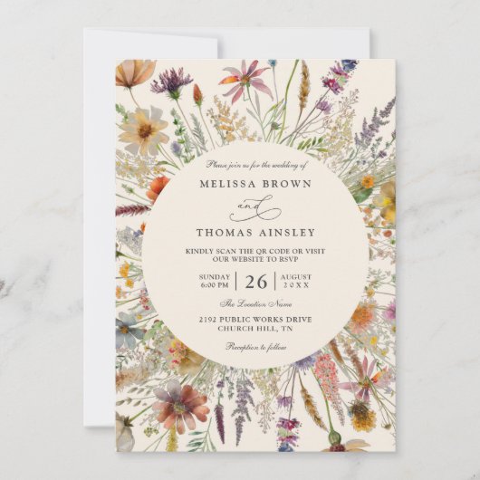 Minimalist Boho Wildflower Floral QR Code Wedding 招待状 (正面)