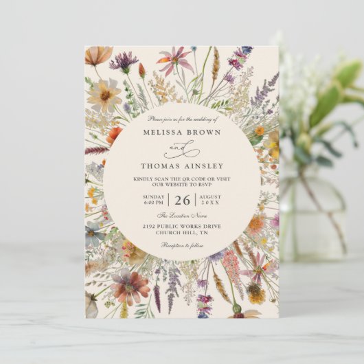 Minimalist Boho Wildflower Floral QR Code Wedding 招待状 (スタンド正面)