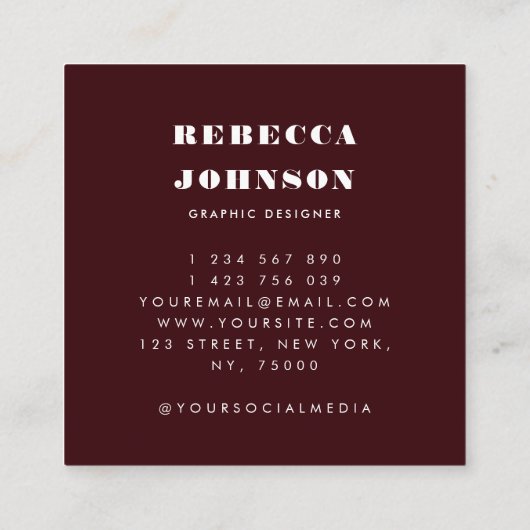 Minimalist Bold Typography Burgundy Modern Hi スクエア名刺 (裏面)