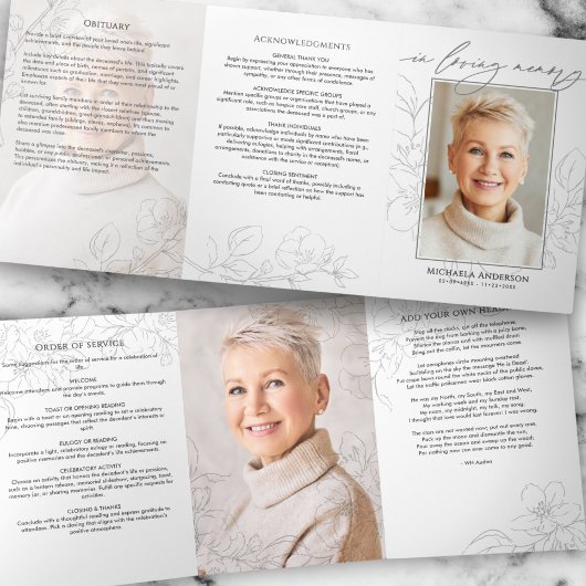 Minimalist Botanical 3-Photo Funeral/Memorial 三つ折りプログラム