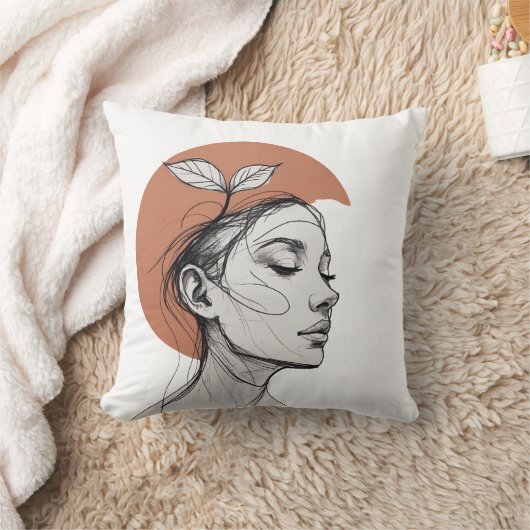 Minimalist Botanical Face – One Line Art Pillow クッション (ブランケット)