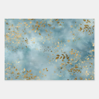 Minimalist Botanical Gold Leaves Pattern Teal ラッピングペーパーシート