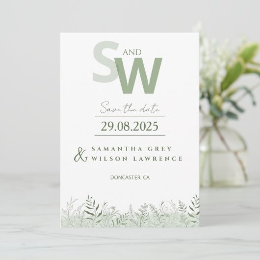 Minimalist Botanical Leafy Save the Date 招待状 (スタンド正面)