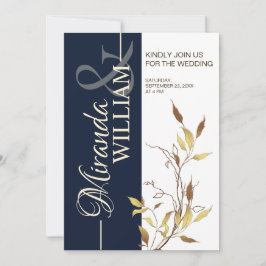 Minimalist Botanical Navy Blue Wedding Invitation 招待状