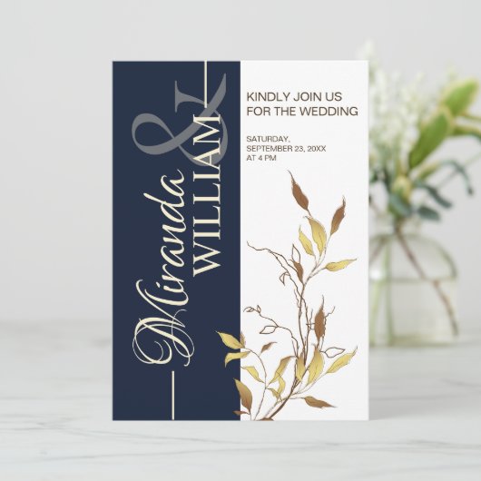 Minimalist Botanical Navy Blue Wedding Invitation 招待状 (スタンド正面)