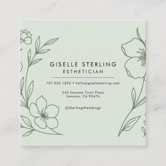 Minimalist Botanical Sage Green Esthetician スクエア名刺 (裏面)