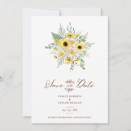 Minimalist Botanical Sunflowers Bouquet Wedding セーブザデート (正面)