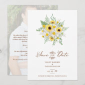 Minimalist Botanical Sunflowers Bouquet Wedding セーブザデート (正面/裏面)