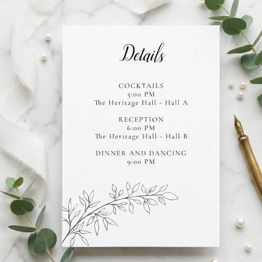 Minimalist Botanical Wedding Details Card Black エンクロージャーカード