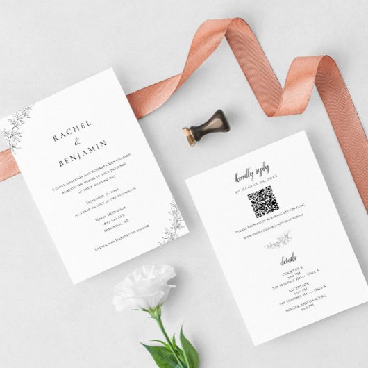 Minimalist Botanical Wedding Elegant QR Code 招待状