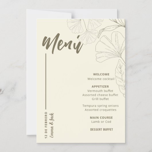 Minimalist Botanical Wedding Menu Card マグネット招待状 (正面)