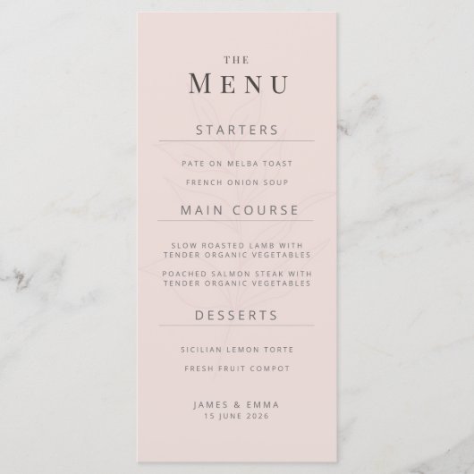 Minimalist Botanical Wedding Menu | Warm Blush メニュー (正面)