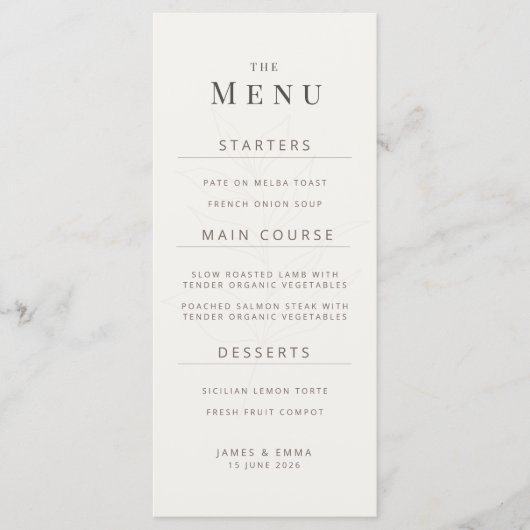 Minimalist Botanical Wedding Menu | Warm White メニュー (正面)