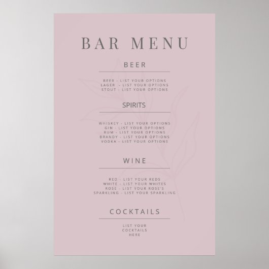 Minimalist Botanical Wedding Sign Dusky Rose ポスター (正面)