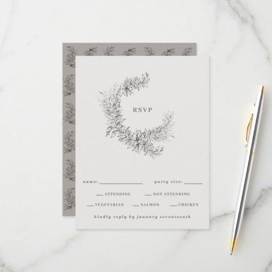 Minimalist Botanical Wreath Wedding 出欠カード (正面/裏面インサイチュ)