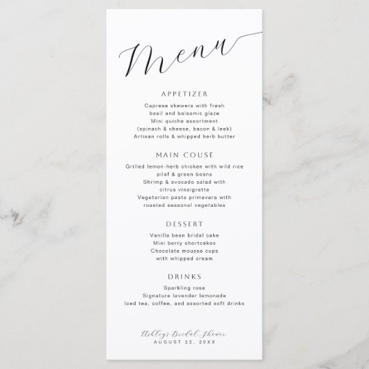Minimalist Bridal Shower Menu Card Template メニュー (正面)