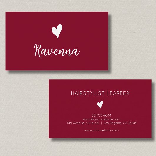 Minimalist Burgundy and White Heart Barber Name 名刺