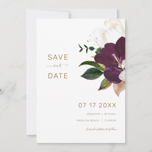 Minimalist Burgundy & Gold SAVE THE DATE 招待状 (正面)