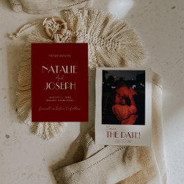 Minimalist Burgundy Whimsical Retro Photo Wedding セーブザデート