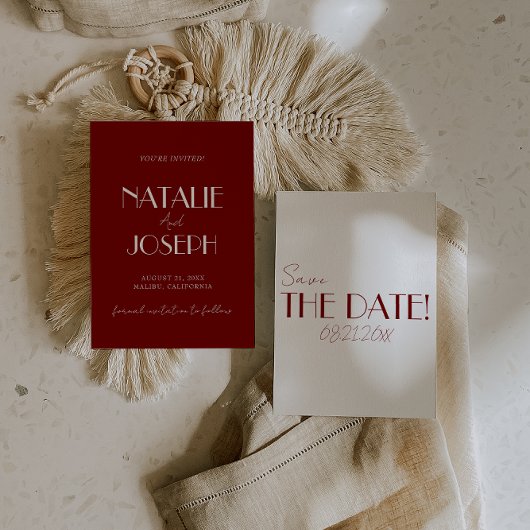 Minimalist Burgundy Whimsical Retro Wedding セーブザデート