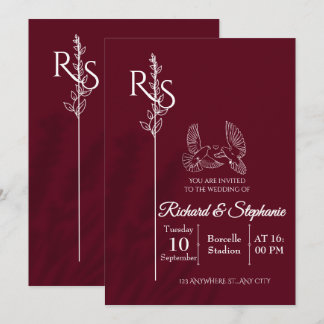 Minimalist Burgundy & White Birds Wedding Invite 招待状